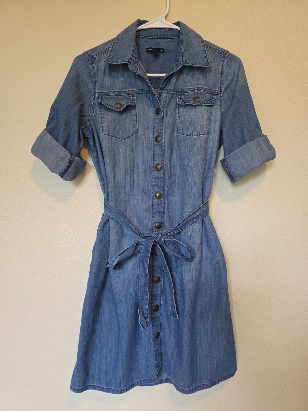 Gap Womens Denim Shirt Dress Blue Snap Front Tie Waist Long Sleeve Pocket Size S - Picture 1 of 11